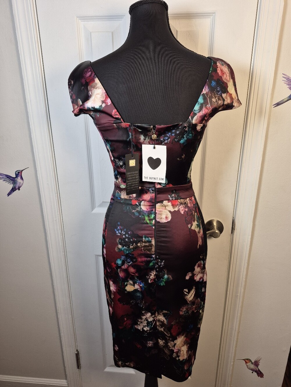 Just Cavalli Floral Satin Lace Cap Sleeve Sheath Dress IT 38 US XS - Picture 7 of 10